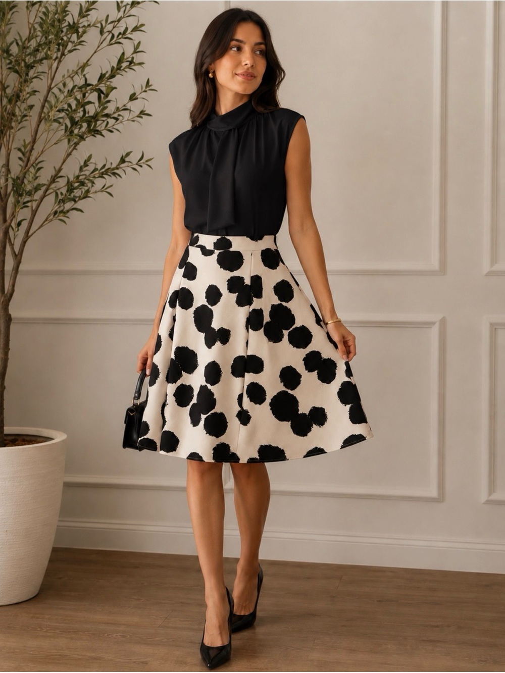 Who What Wear Black & Cream Polka Dot Midi Skirt Sz 8